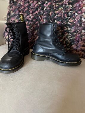 Dr. Martens Black Leather Lace-Up Boots with Yellow Stitching